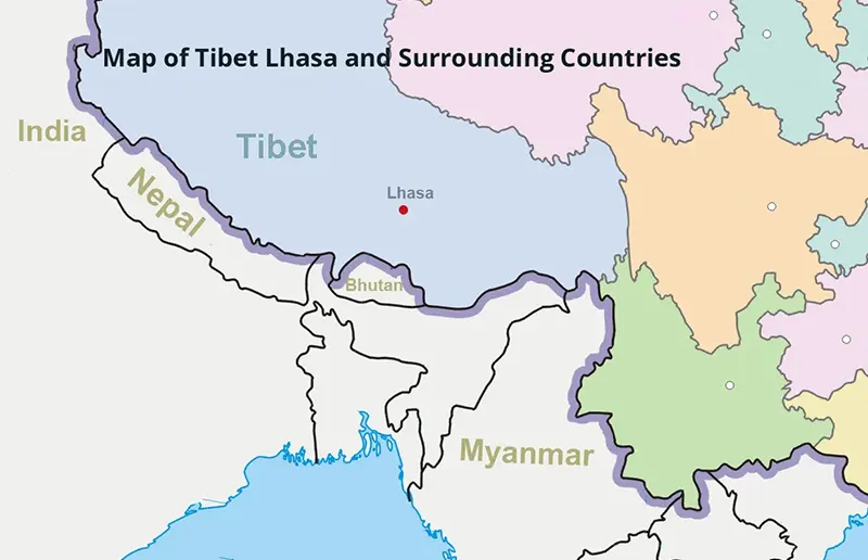 Map of Tibet Lhasa and Surrounding Countries in the World