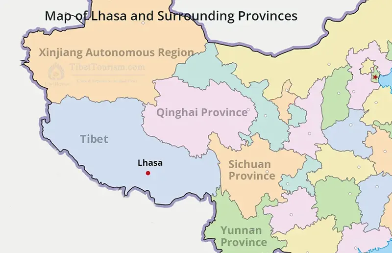 Map of Lhasa and Surrounding Provinces in China