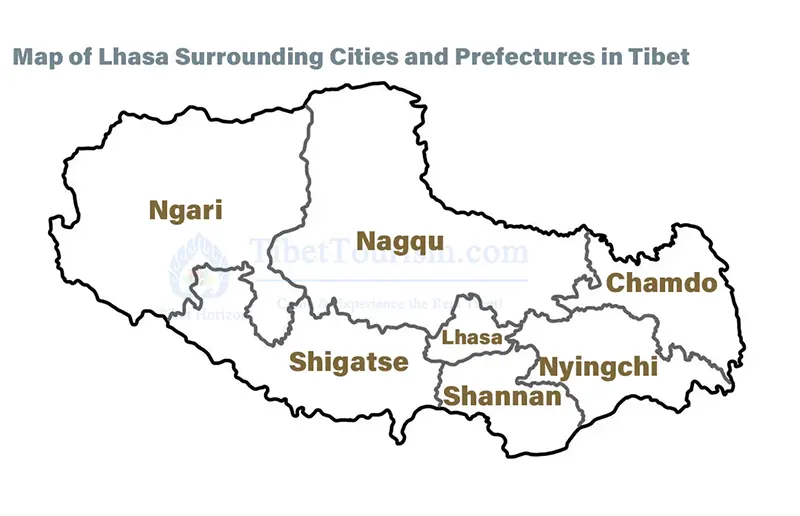 Map of Lhasa Surrounding Cities and Prefectures in Tibet