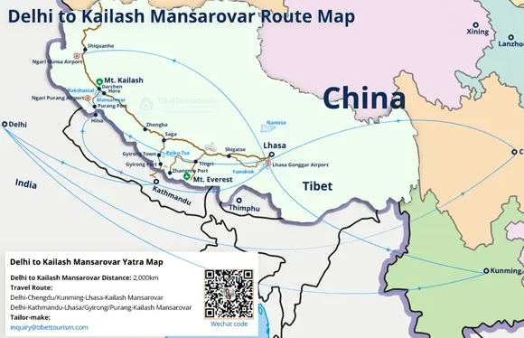 Delhi to Kailash Mansarovar Route Map
