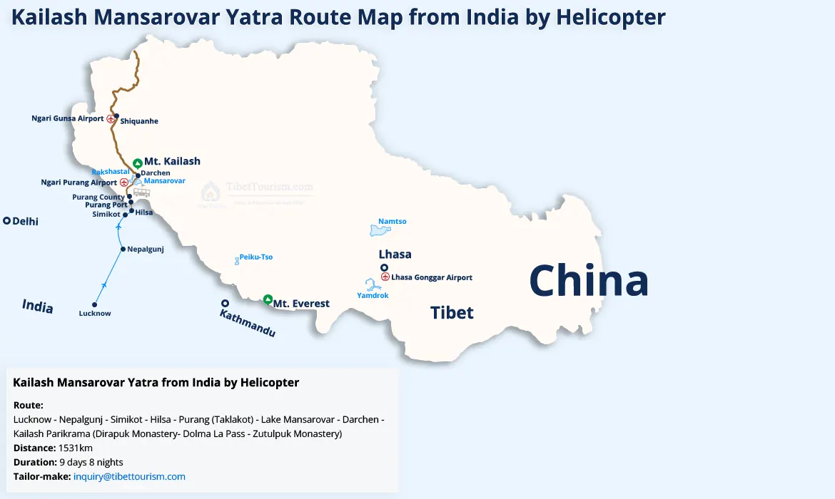 Kailash Mansarovar Yatra Route Map from India by Helicopter