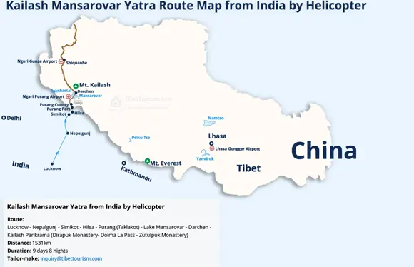 Kailash Mansarovar Yatra by Helicopter from India Map