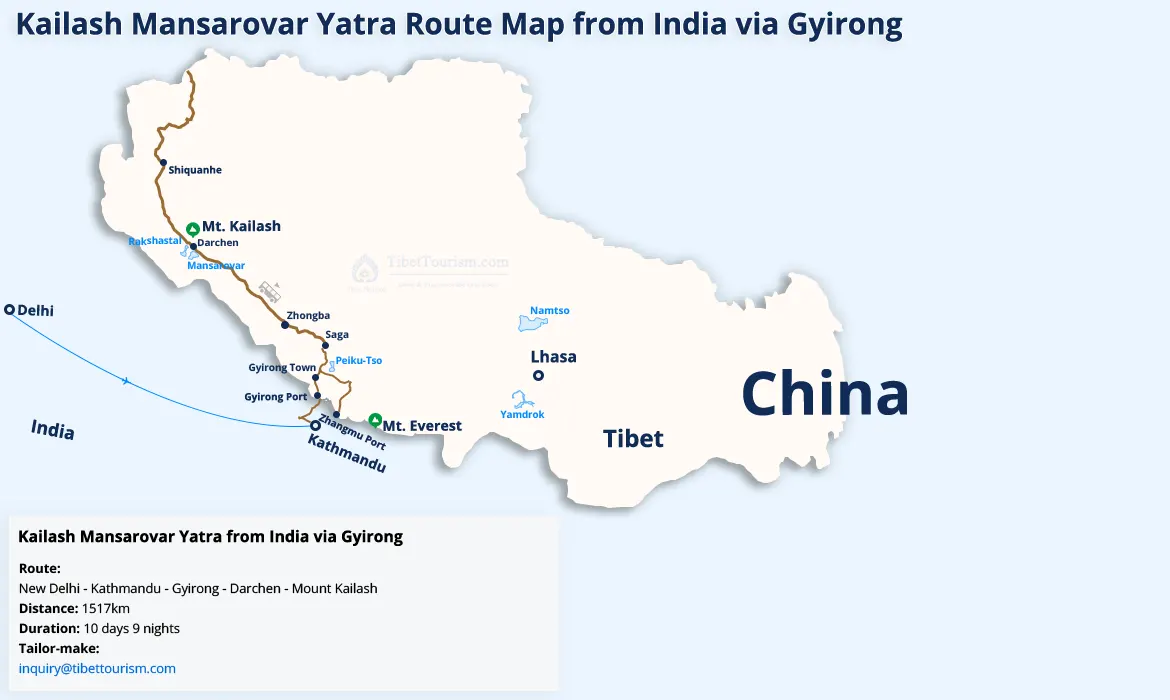 Kailash Mansarovar Yatra Route Map from India via Gyirong