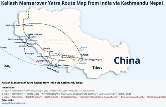 Kailash Mansarovar New Route Map from India via Kathmandu Nepal