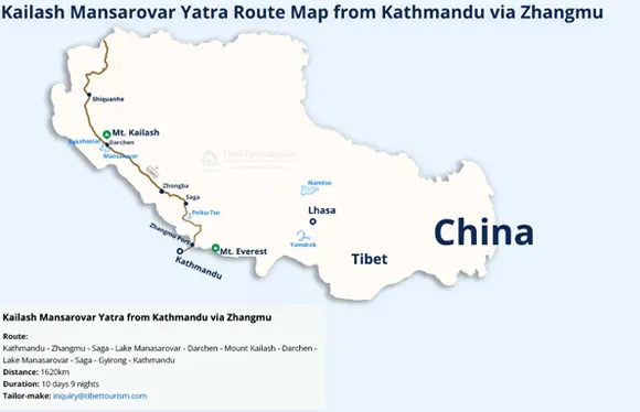 Kathmandu to Kailash Route Map via Zhangmu