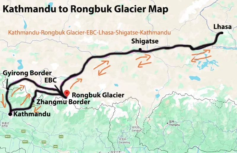 Kathmandu to Rongbuk Glacier Map
