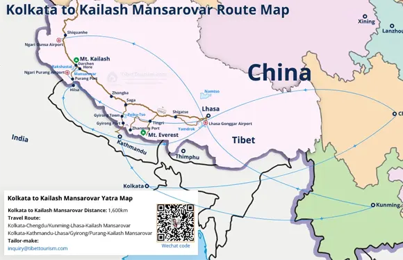 Kolkata to Kailash Mansarovar Route Map