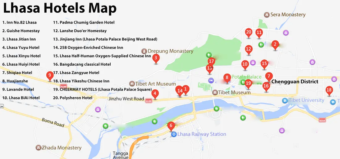 Lhasa Hotels Map