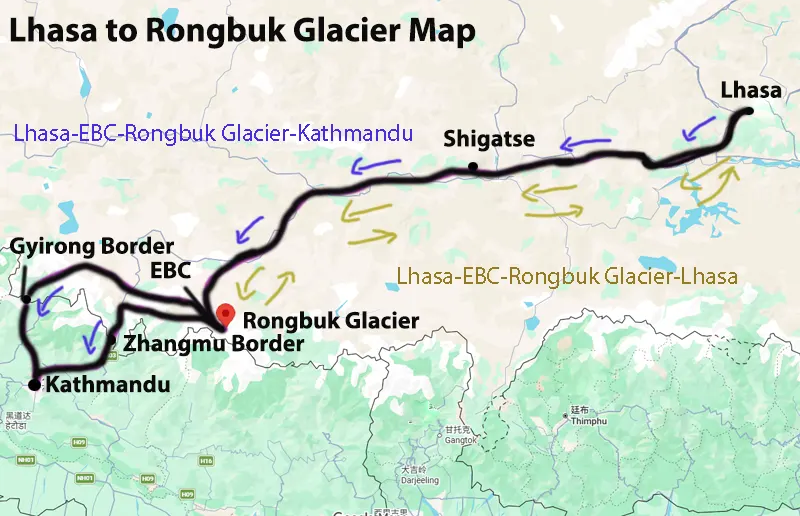 Lhasa to Rongbuk Glacier Map