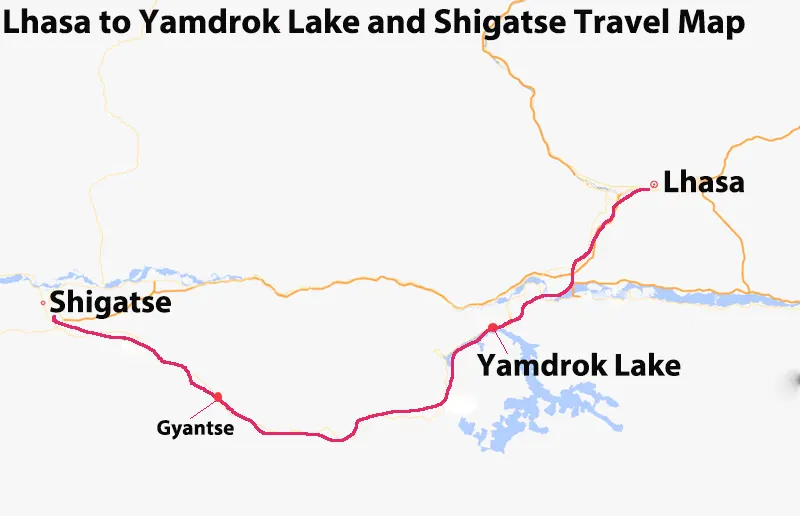 Lhasa to Yamdrok Lake and Shigatse Travel Map