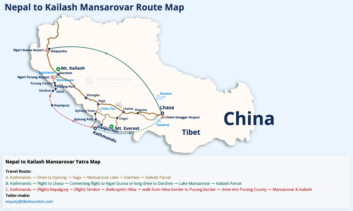 Nepal to Kailash Mansarovar Route Map