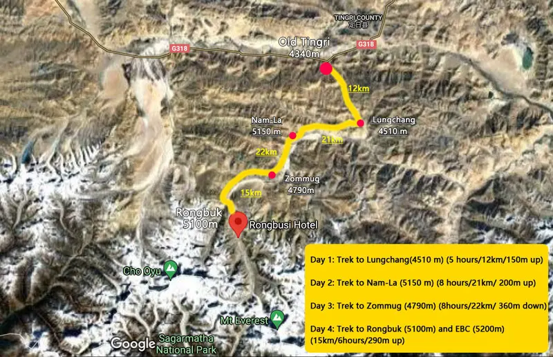 Old Tingri to Everest Base Camp Trek Map