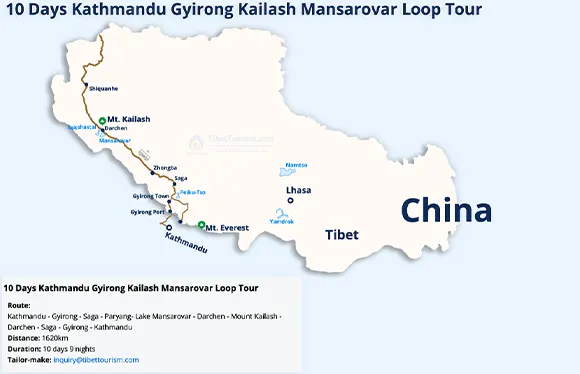 Kathmandu Gyirong Kailash Mansarovar Loop Tour Map