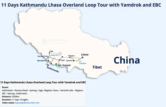 Kathmandu Lhasa Overland Loop Tour with Yamdrok and EBC Map