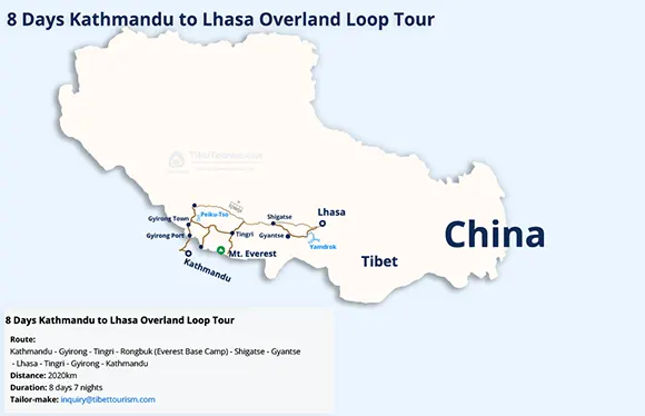 Kathmandu to Lhasa Overland Loop Tour Map