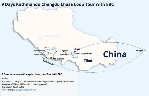Kathmandu Chengdu Lhasa Loop Tour Map