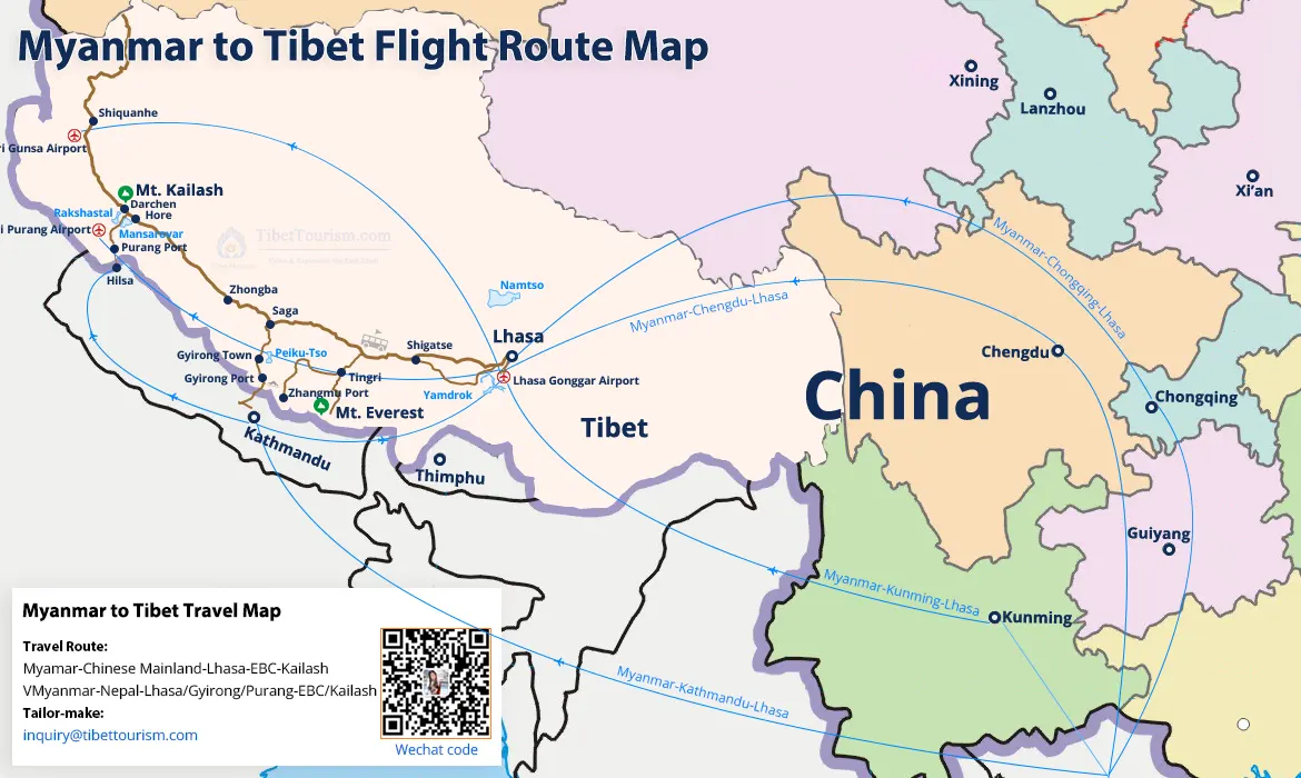 Route Map to Tibet from Myanmar