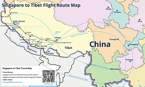 Route Map to Tibet from Singapore