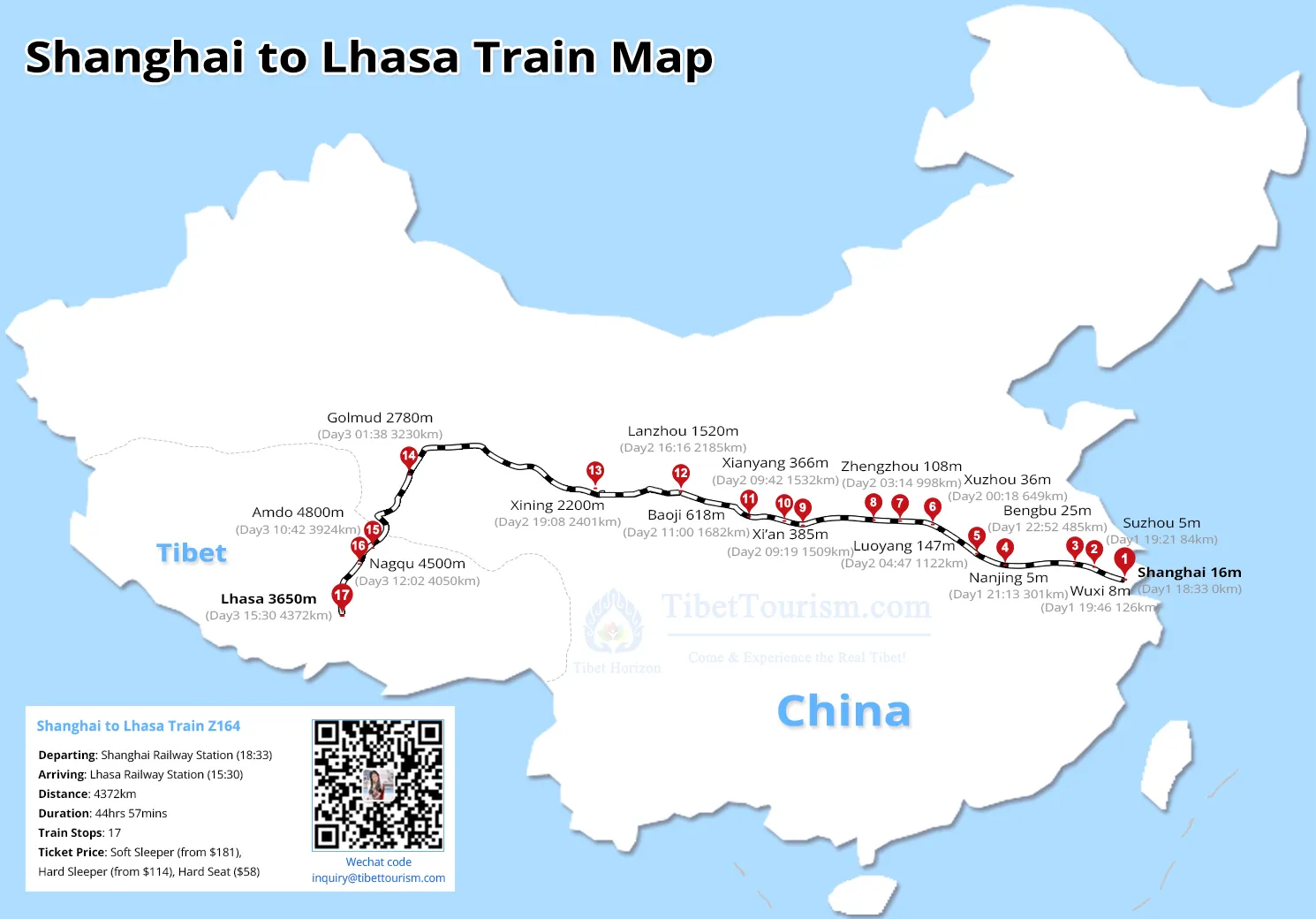 Shanghai to Lhasa Railway Map