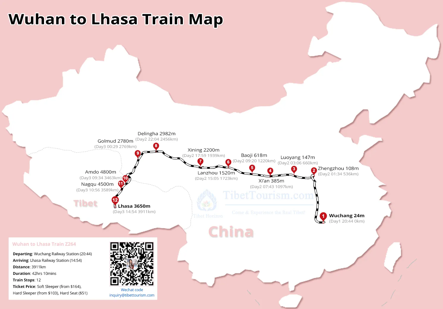 Wuhan to Lhasa Railway Map